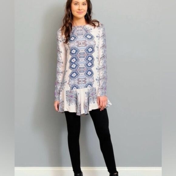 NWOT Free People Boho White & Blue Printed Tunic Mini Dress - Picture 7 of 15